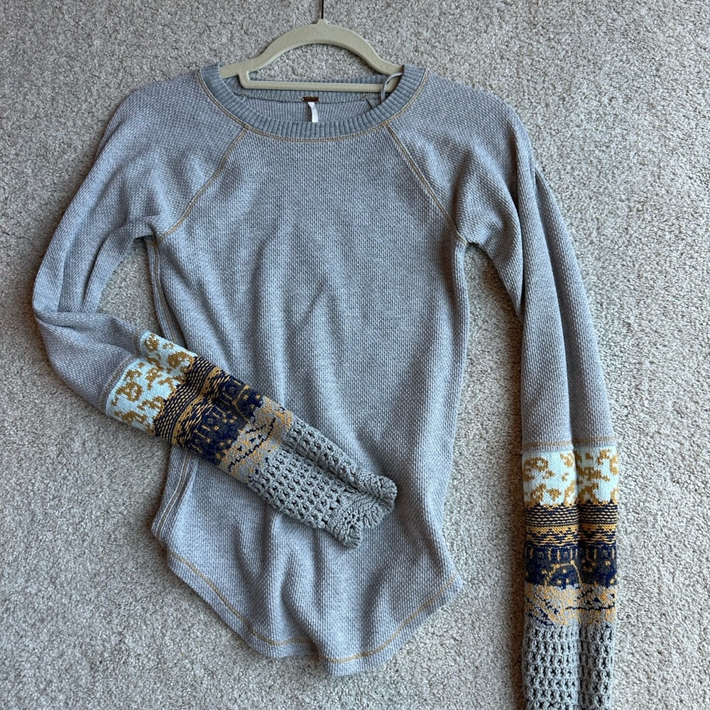 Anthropologie Gray Knit Sweater with Patterned Sleeves